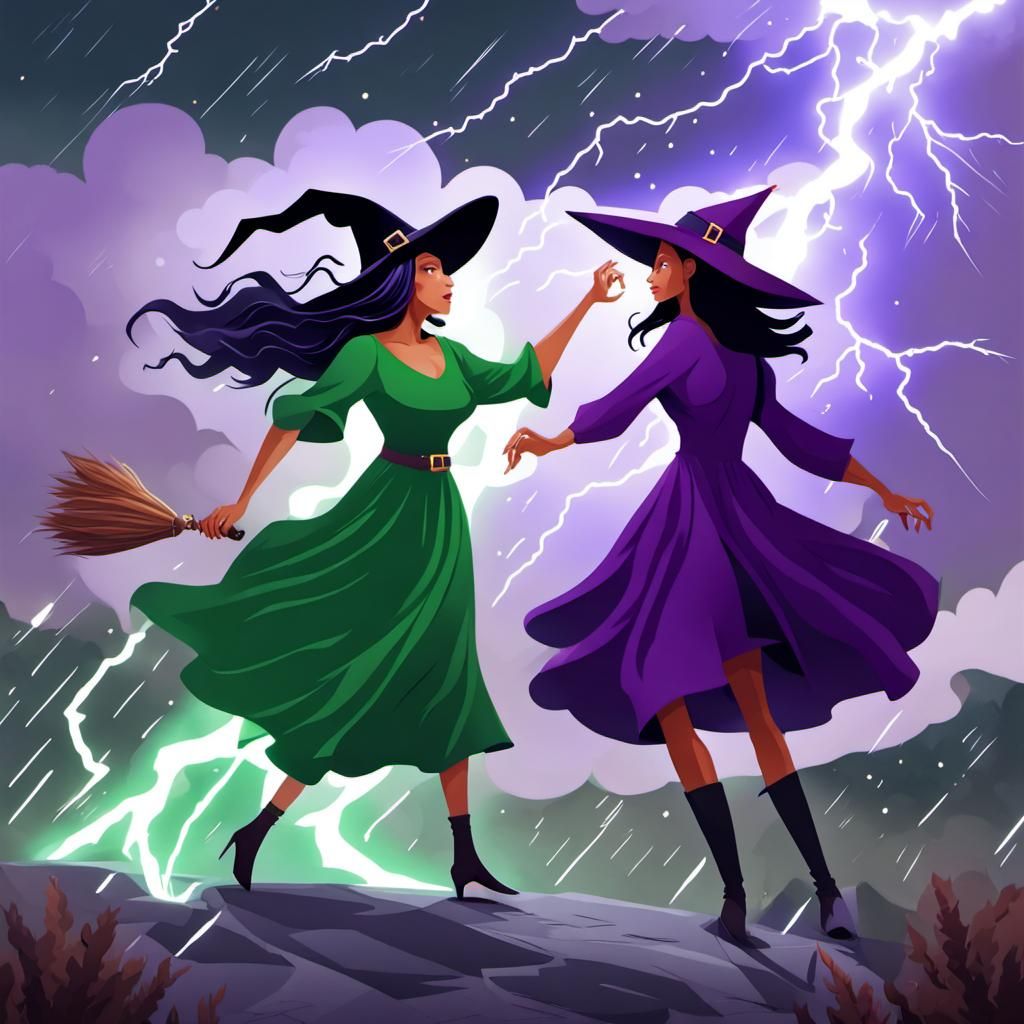 A witch in a green dress challenging a witch in a purple dre...