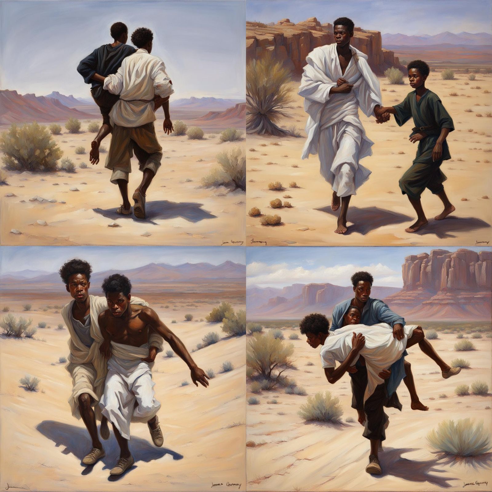 white person carrying young black person away in a desert