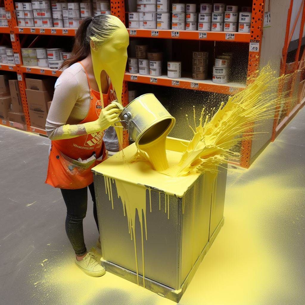 Home Depot employee having a paint accident