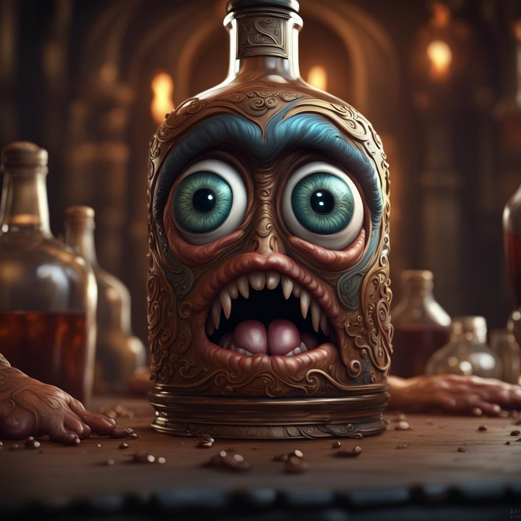 A liquor bottle with eyes, nose and a mouth screaming.