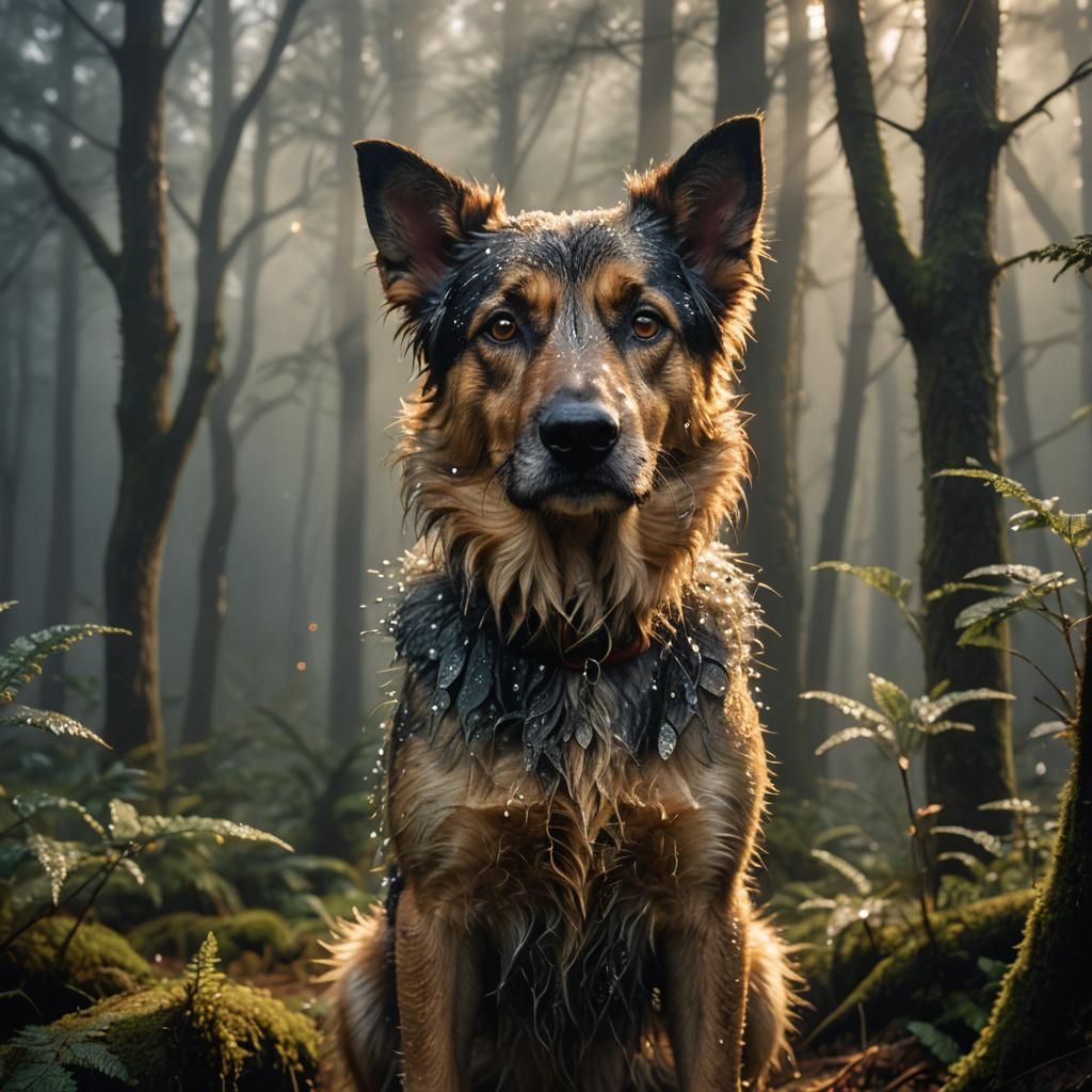 Triumphant Dog in Misty Forest: Hyperrealistic Close-Up