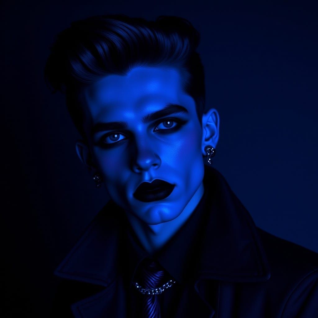  <lora:Midnight Retro V2:1.0> portrait of a gothpunk man, wearing midnight blue, dramatic lighting 
