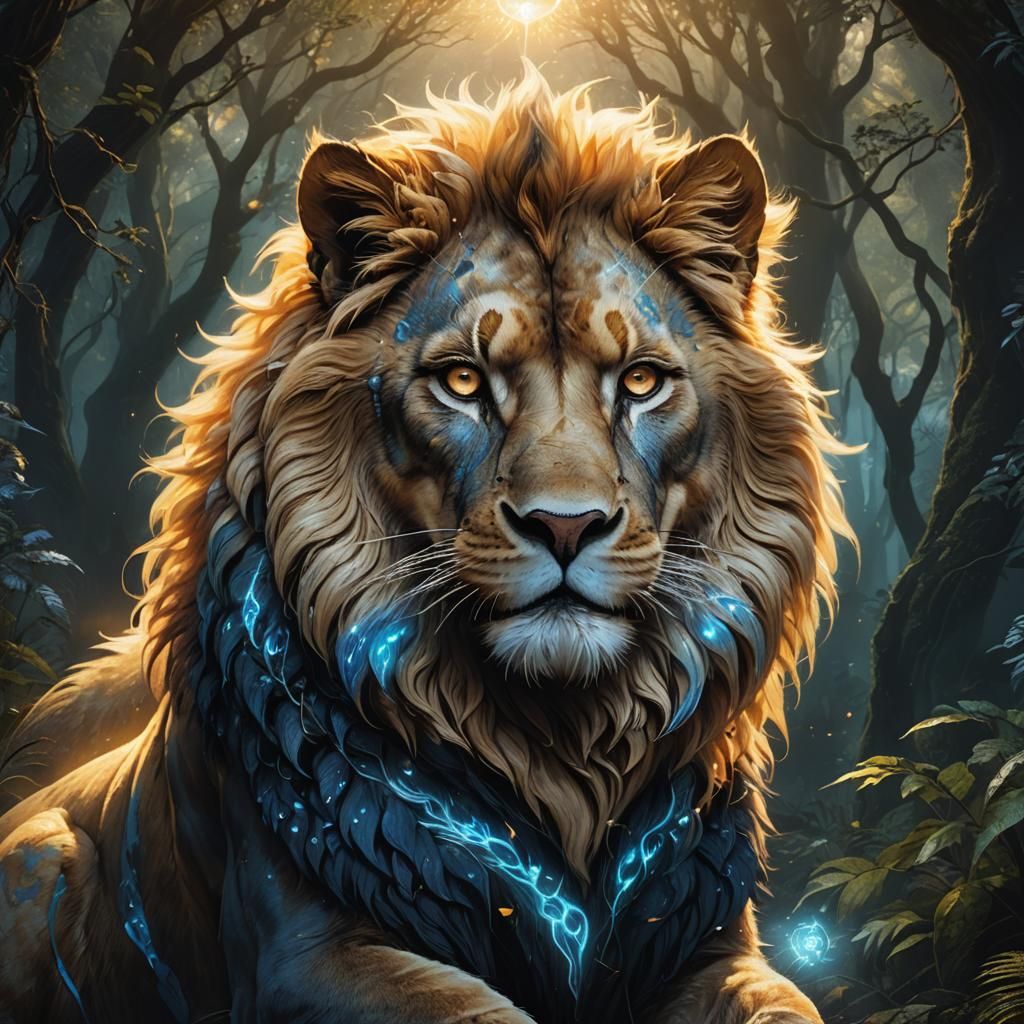 a house cat with a glowing lion's head coming out of their chest