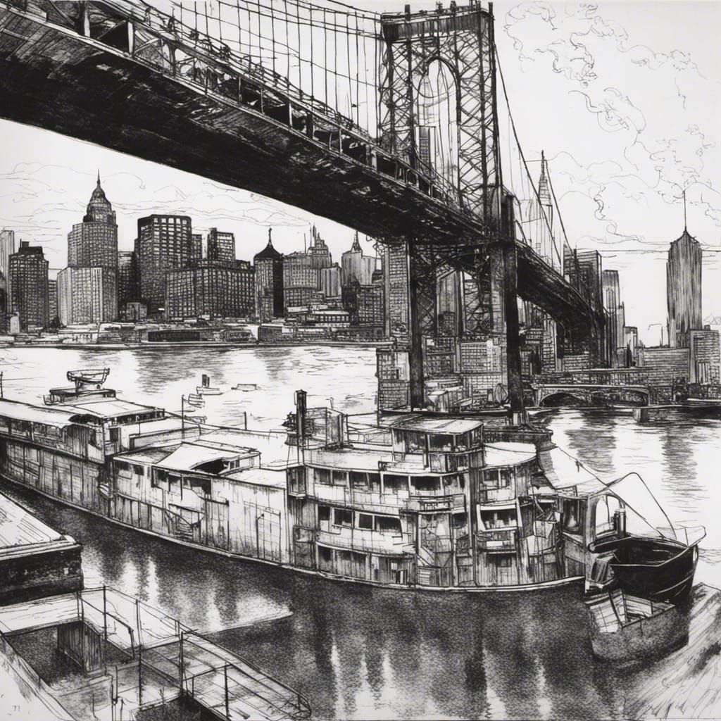 Black and white ink drawing of Brecker Brothers East River  by @Eto Demerzel