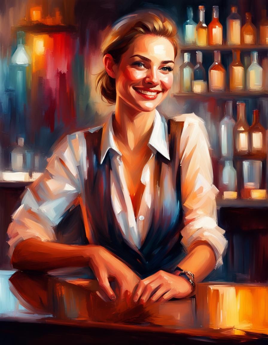 stylized portrait painting of a attractive bartender, leaning by the