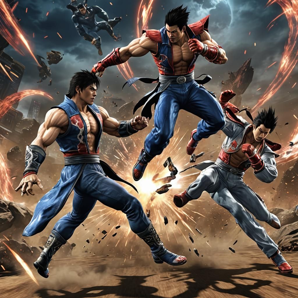 In the image, Jin Kazama and Kazuya Mishima, two central cha...