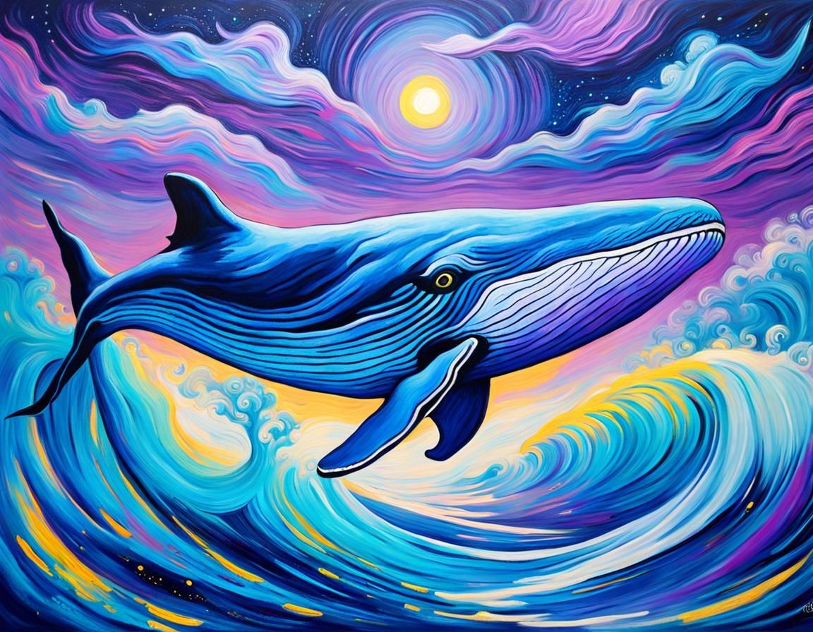 blue whales, purple nebula, noctilucent, acrylic painting, van gogh ...