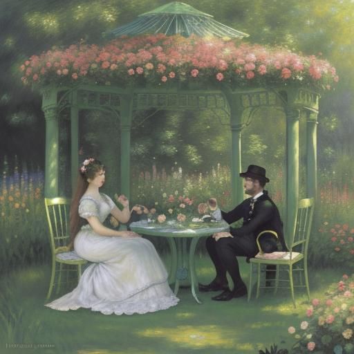 A group of friends offering a depressed elf a glowing magical yellow rose in a beautiful suit garden with a gazebo nearby.