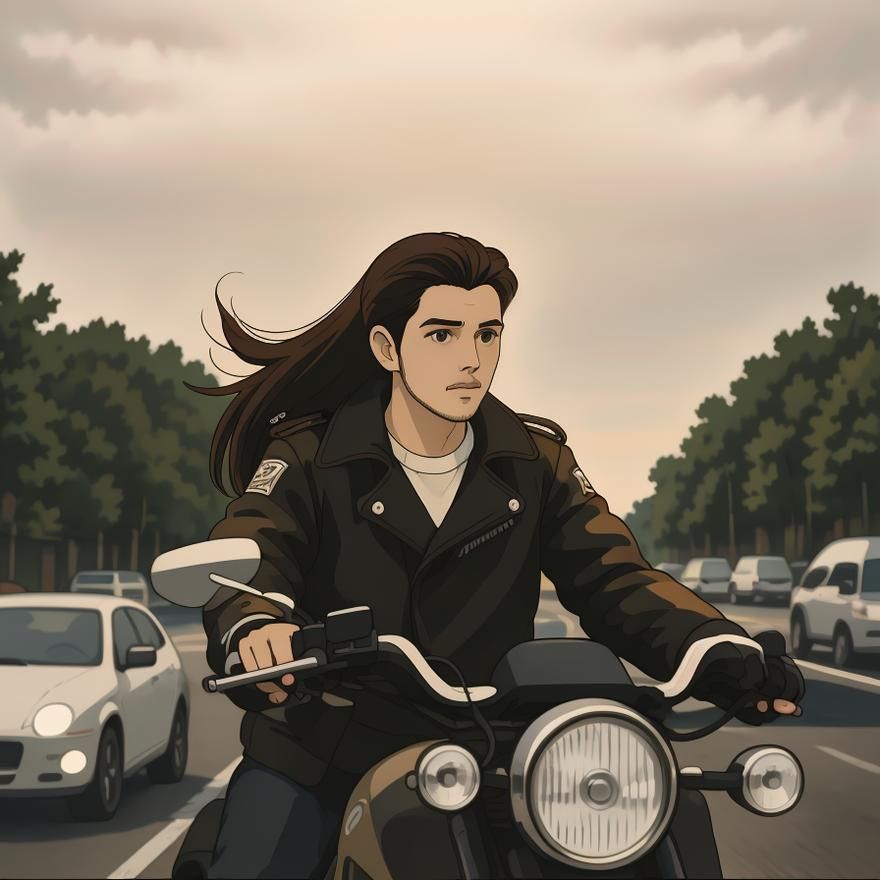 Handsome young man with long black hair blowing behind his h...