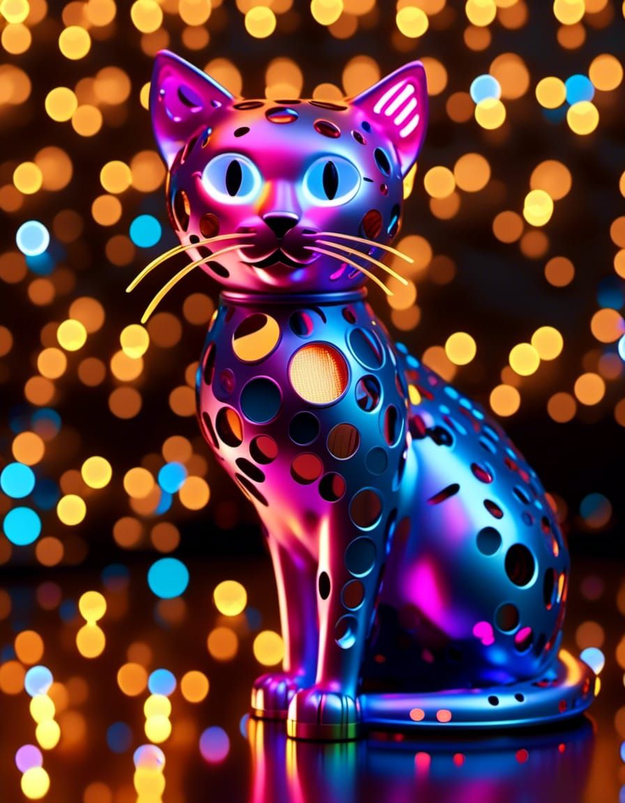 DIY upcycled art; cute kitty made from recycled CD disks VHS tape & old lightbulbs great composition, lurid cinematic lighting, <lora:DigiSo...