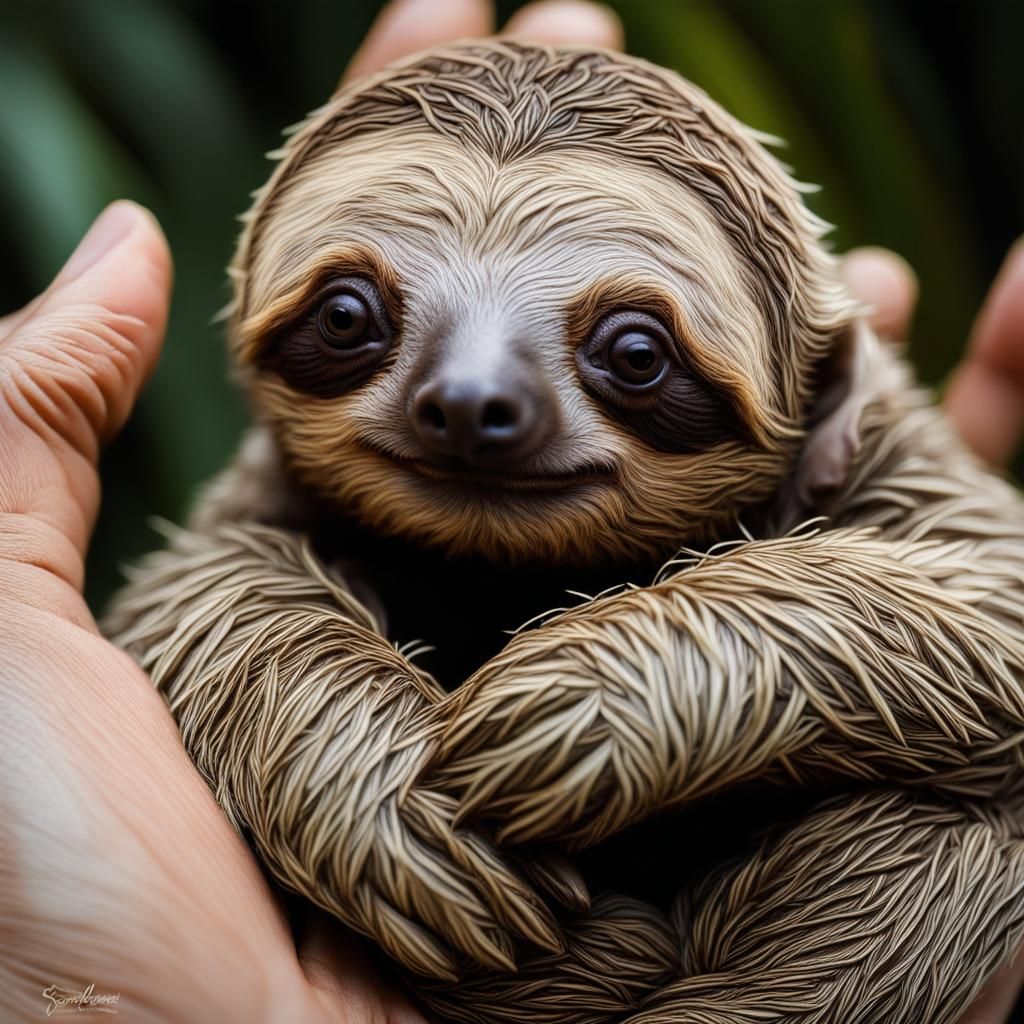 Very cute very small baby sloth lying in the palm of a hand + intricate fur details with soft texture + precise anatomical features capturin...