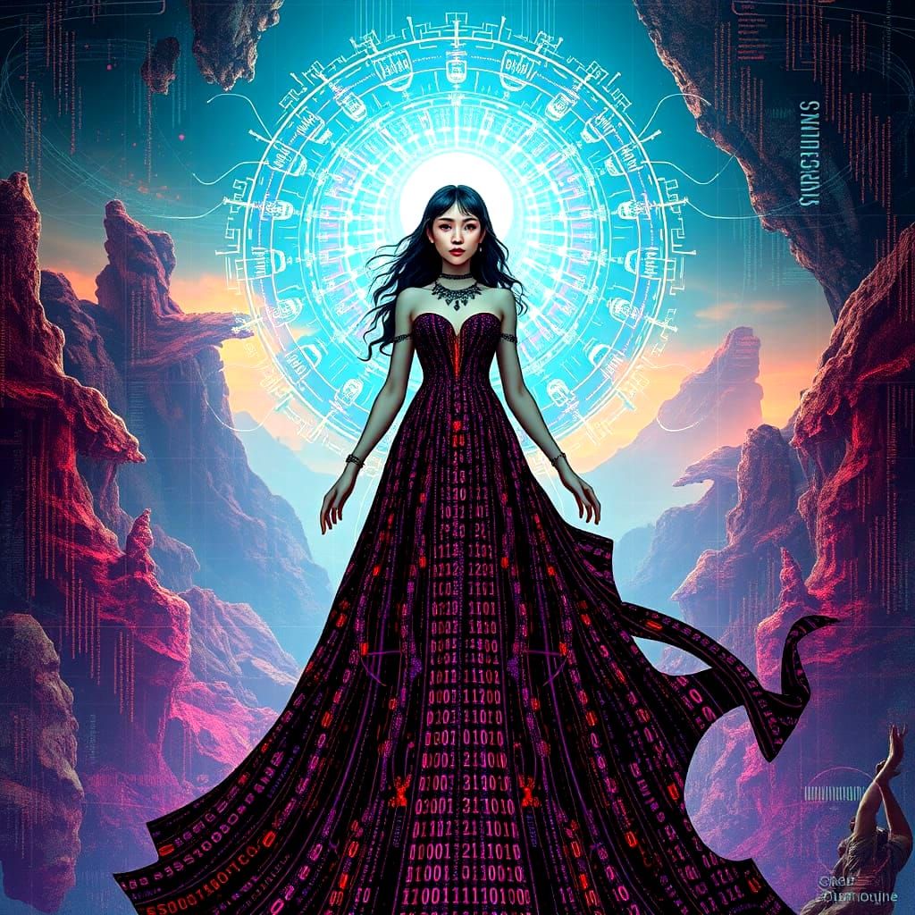 A digital oracle with a flowing gown of binary code stands before a shimmering portal, their eyes radiating an otherworldly glow. The backgr...