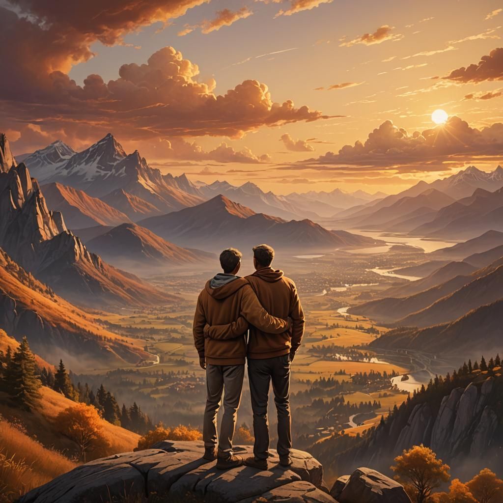Father and Son Embrace Breathtaking Sunset Landscape