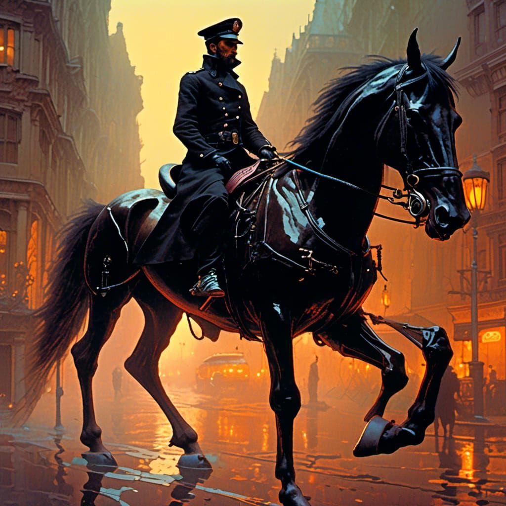 <lora:horror:1.0> a painting of a man riding on the back of ...