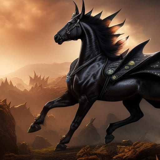 fantasy black demon horse with horns and scales, full body