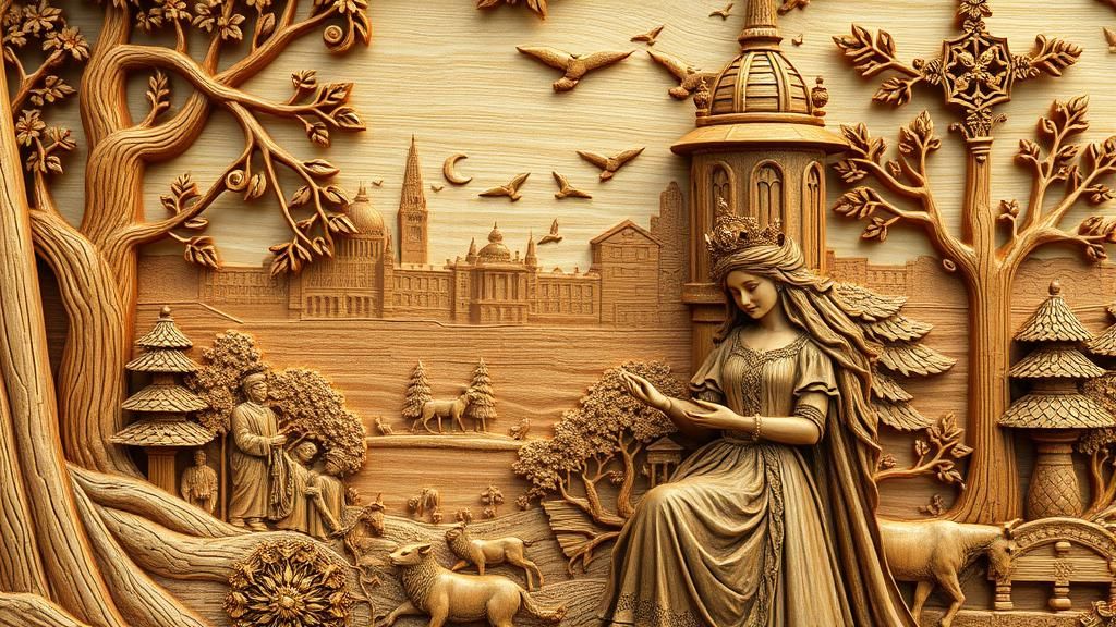 wide angle view of a wooden beautiful lady in a park carving with towers, with ultra-detailed carvings ...  by @undefined