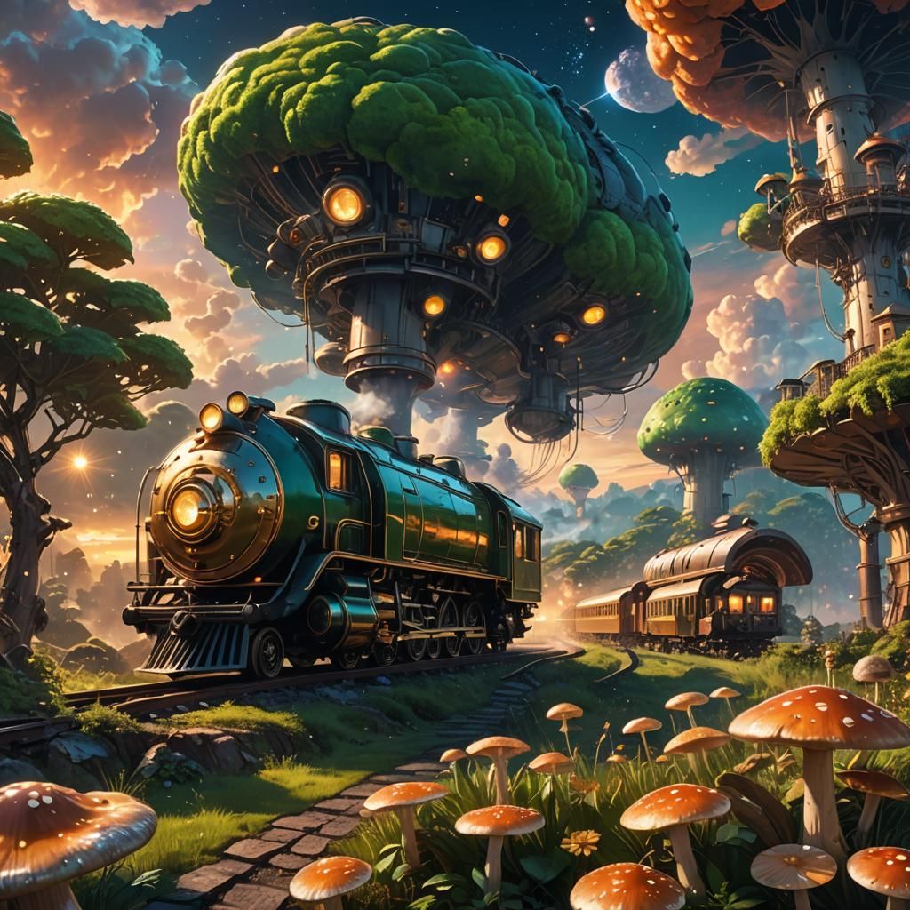 A beautiful steam train on the Mushroom Planet, deep field.
