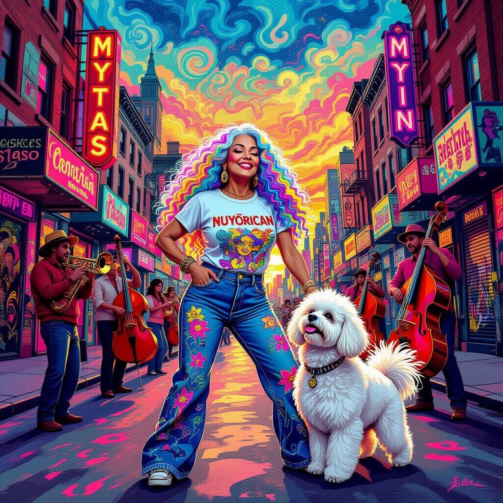  Older Hispanic/light-skinned woman, psychedelic princess of a trippy fantasy world, with long, curly, rainbow-colored hair. wearing  blue j...