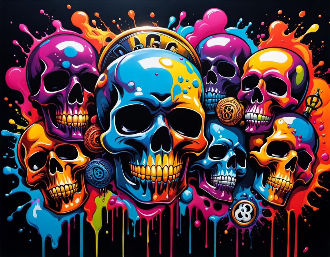 Aces & Eights 🤠☠ , maximalism, biopunk, graffiti art, splas...