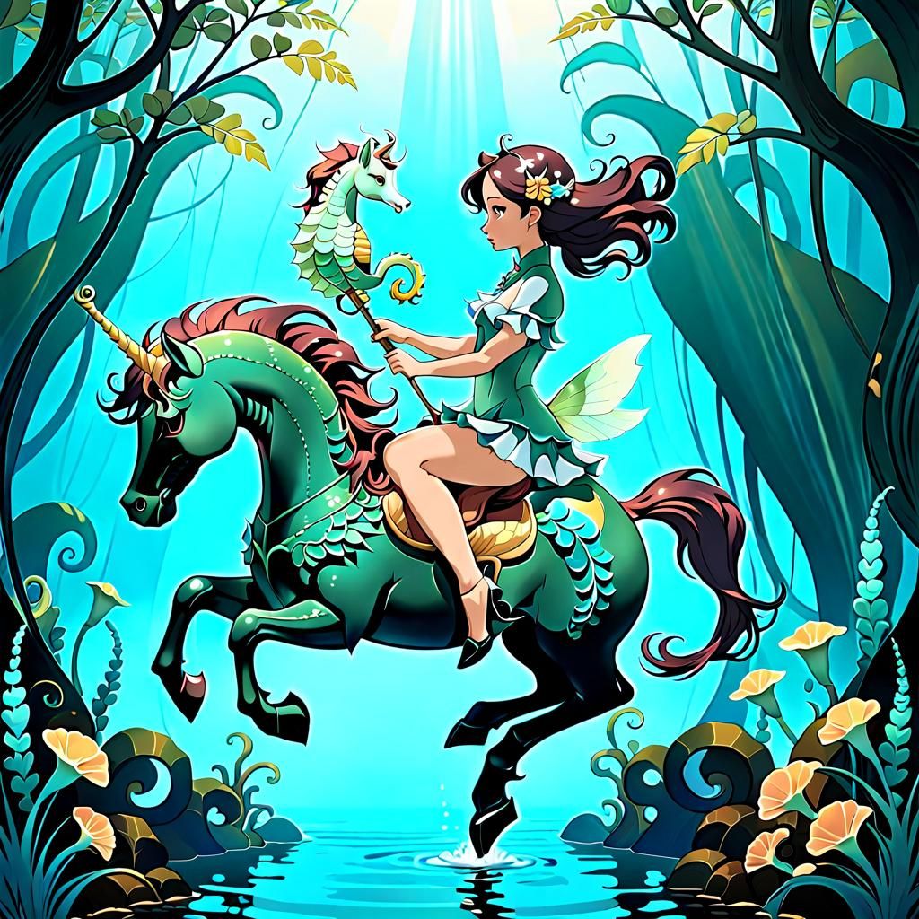 In Style of Abigail Larson: A Stunning_Delicate_Fairy Riding a Seahorse ...