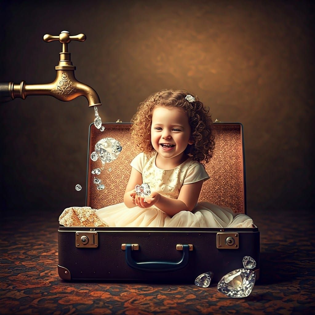 Little Girl Amidst Luxurious Suitcase
