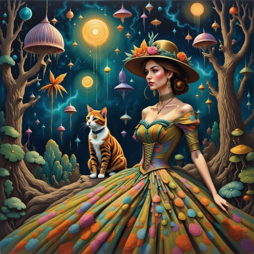 <lora:My pets:1.0><lora:My outfits:1.0> a model with a Norman Rockwell inspired runway dress next to a cat in a hat