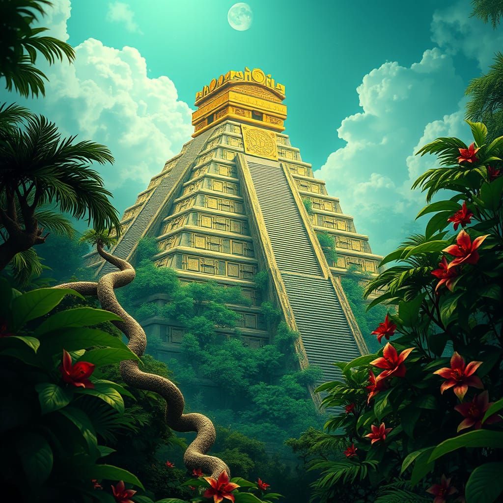 Ethereal Aztec Pyramid in Emerald Jungle - AI Art