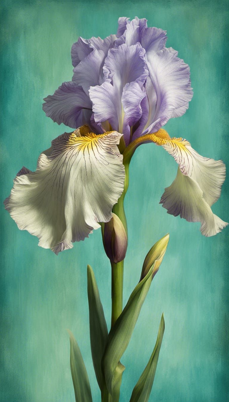 1 long-stemmed purple and white bearded iris on a muted teal, blue ...