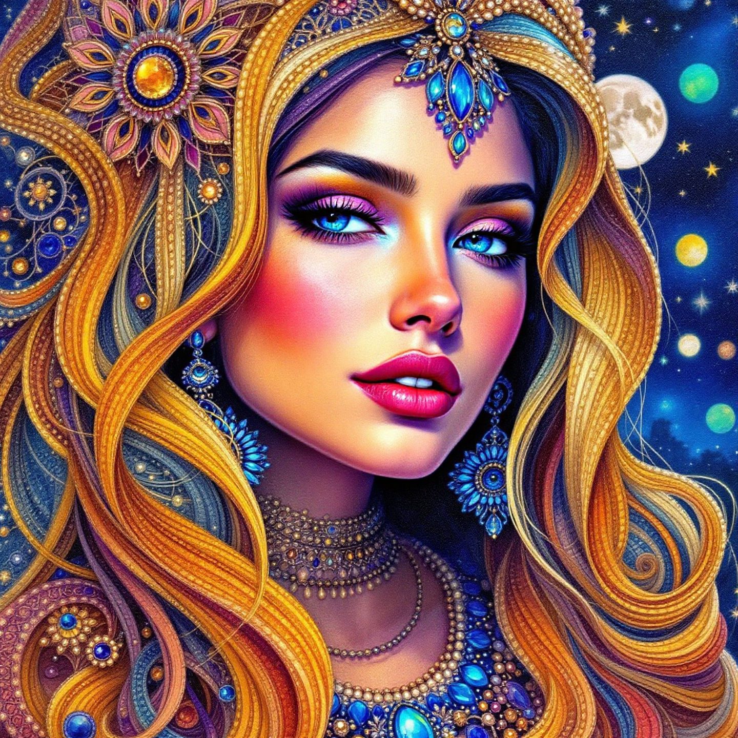 beadwork, alcohol ink, portrait of a beautiful woman