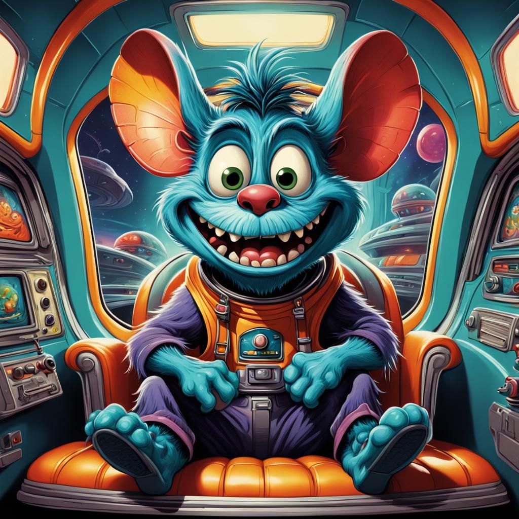 The illustration features a cartoonish ratfink monster chara...