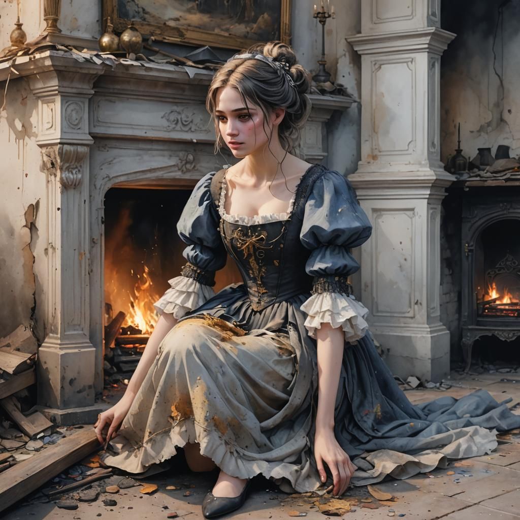 The side of  Cinderella dressed  in her torn dress,with soot...