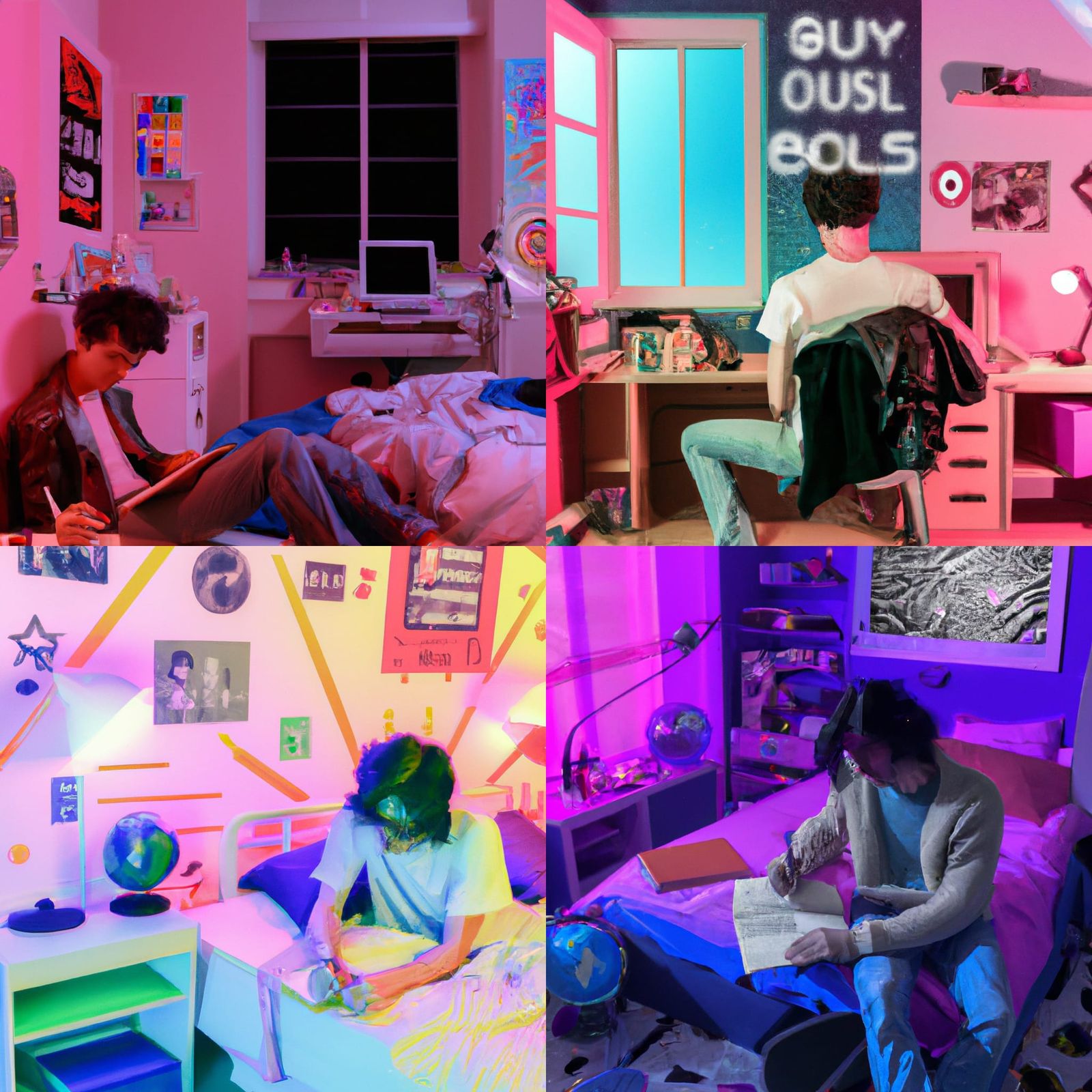 create a 80s theme bedroom in which a man is studying science - AI