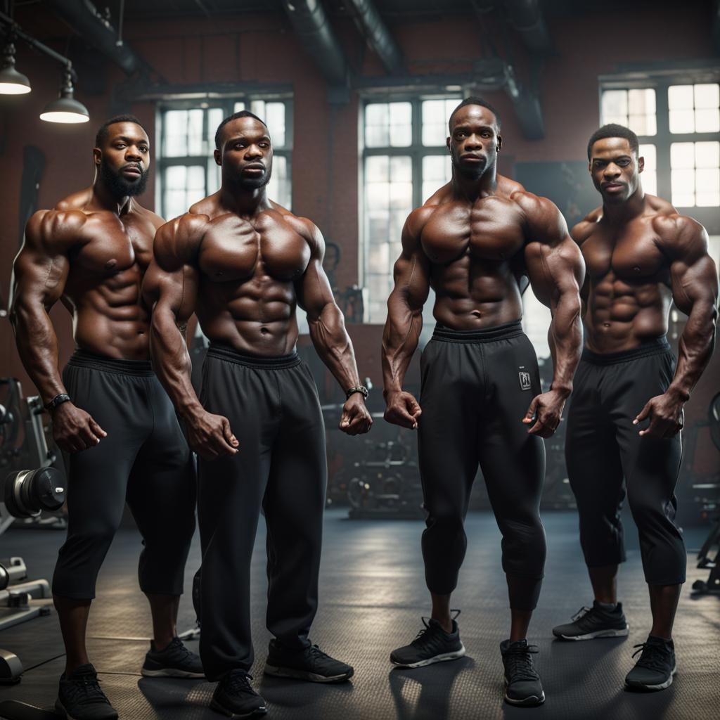 Four very handsome black men Bodybuilders are working out in the gym ...