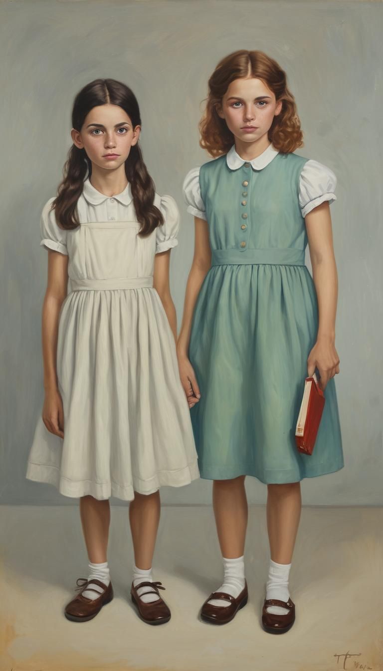 Oil painting A hyper-thought-out  young sisters, medium shot