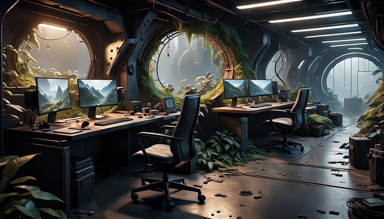 under water station, office,, vegetation, condensation, haze, tunnel, 3D Game Cinematic Feel, Epic 3D Videogame Graphics, Intricately Detail...