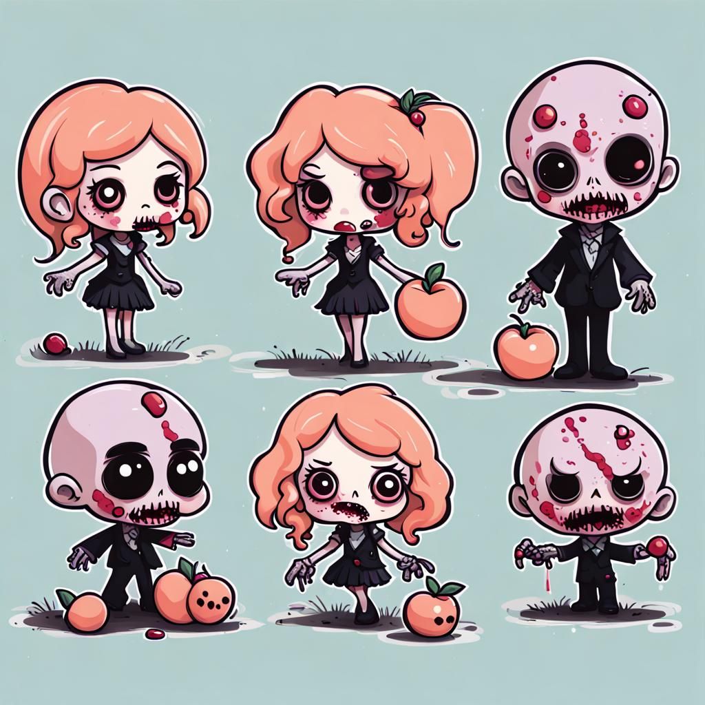 🧟‍♂️+🍑 chibi Peach headed zombies in the style of  Tim Bur...