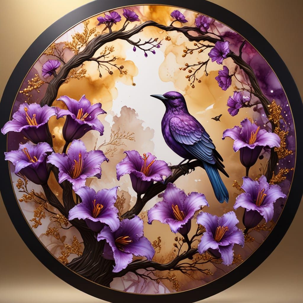  alcohol ink art blue tint, Circular design of clouds, purple-Lily flowers, and a tree with a bird sitting on a branch, Surrounded by a gold...