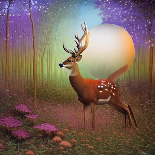 woman-deer hybrid on stargazing platform with rotating spher...