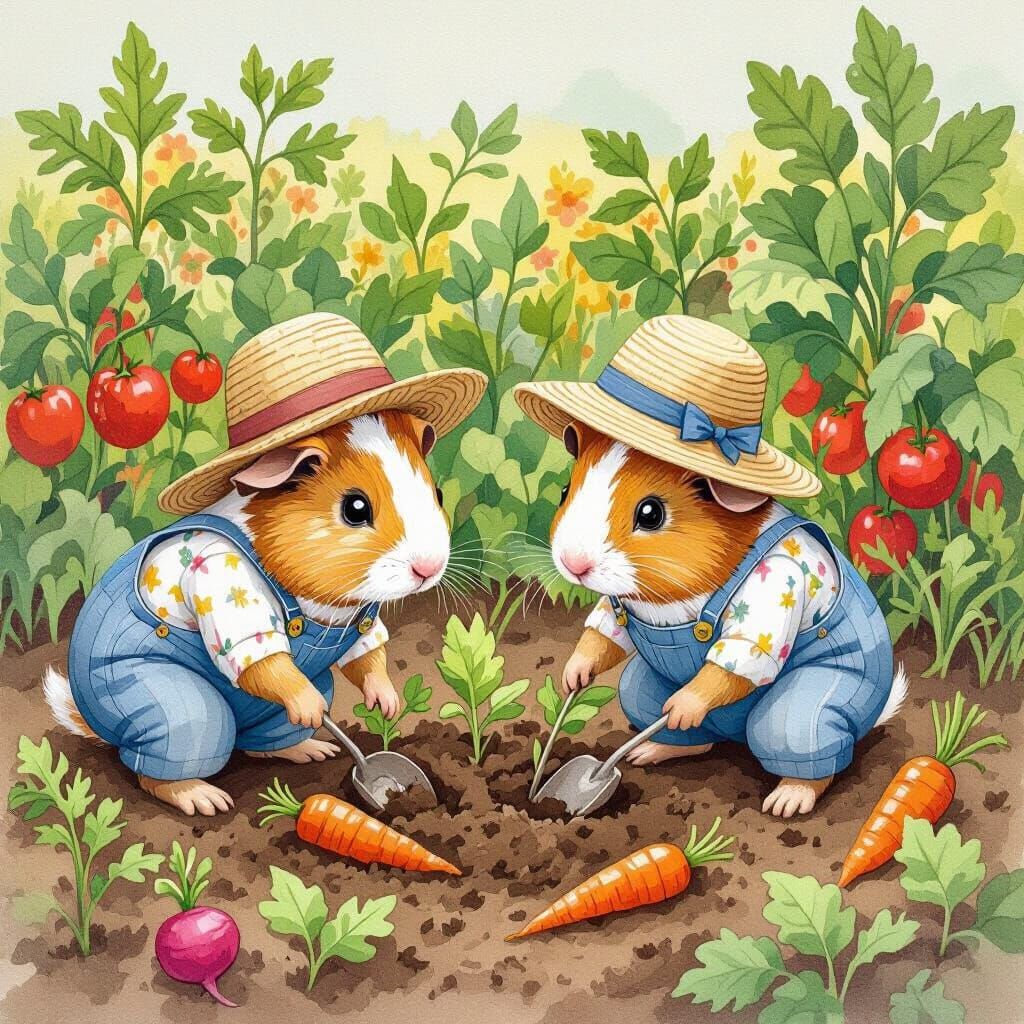 Guinea Pigs Gardening in Beatrix Potter Style