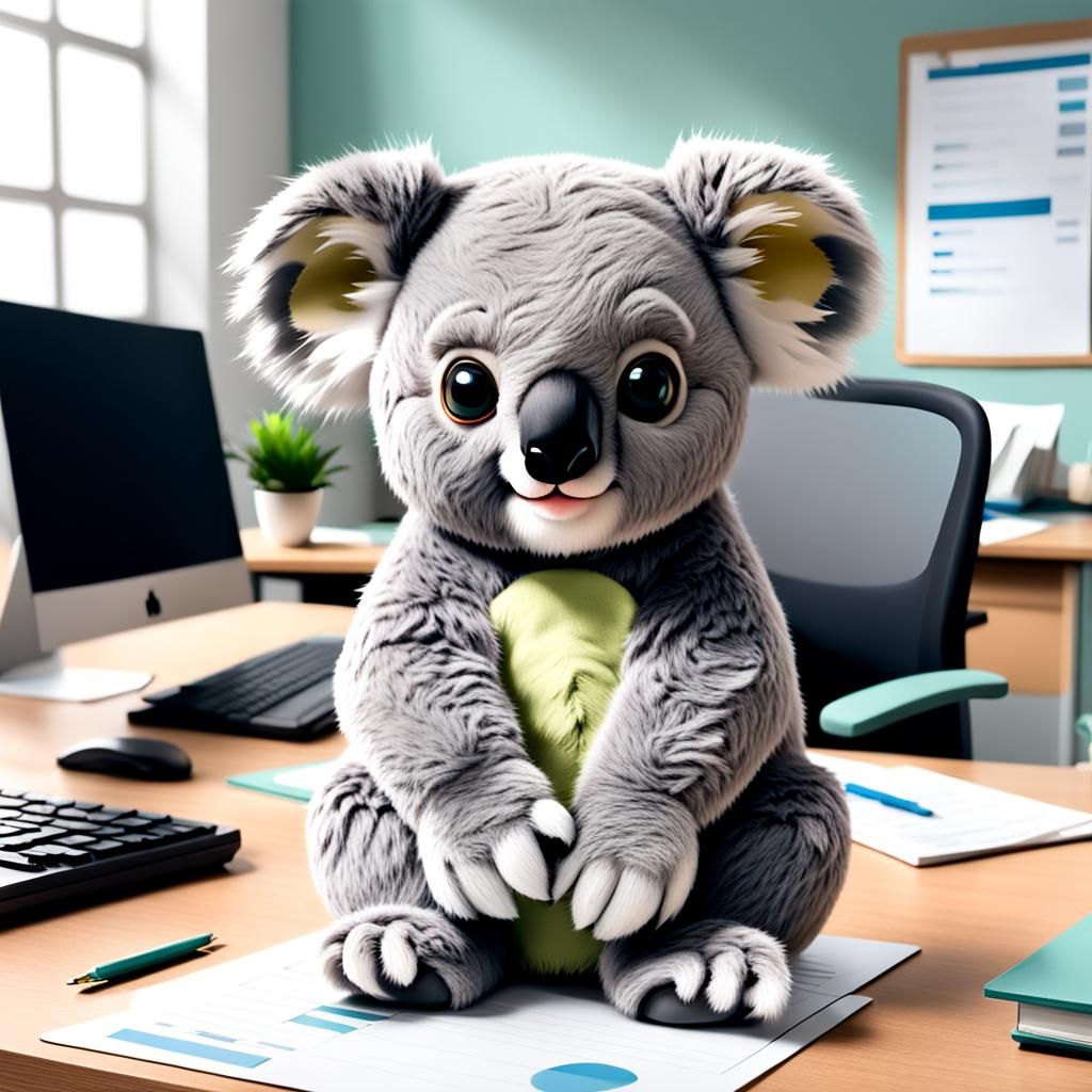 Koala's Playful Workday in a Busy Office