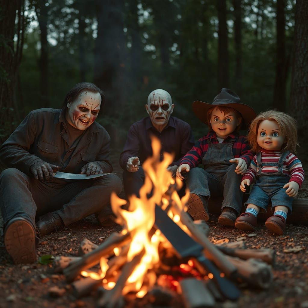 Leatherface, Jason Vorhees, Freddy Krueger and Chucky around a campfire