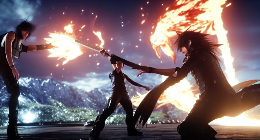 Noctis and gladiolus from final fantasy XV fighting a dragon...