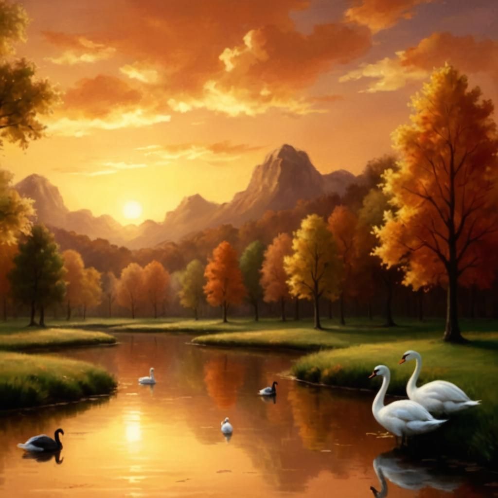 A Serene Autumn Landscape with Pond and Swans
