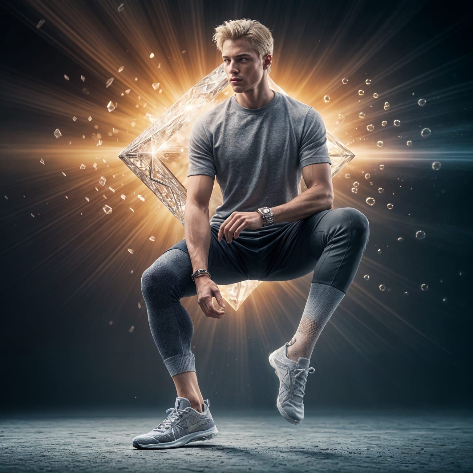 Young handsome blonde man full length body shows us his diamond encrusted cotton sports socks whilst levitating out of his grey sneakers
