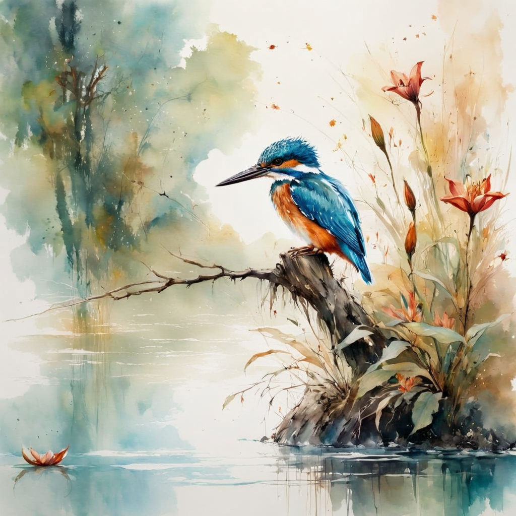 Kingfisher sitting on a branch over a lake with lilies
