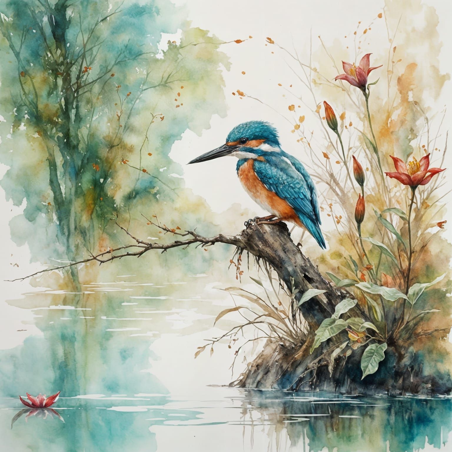 Kingfisher sitting on a branch over a lake with lilies  by @Gokiburi