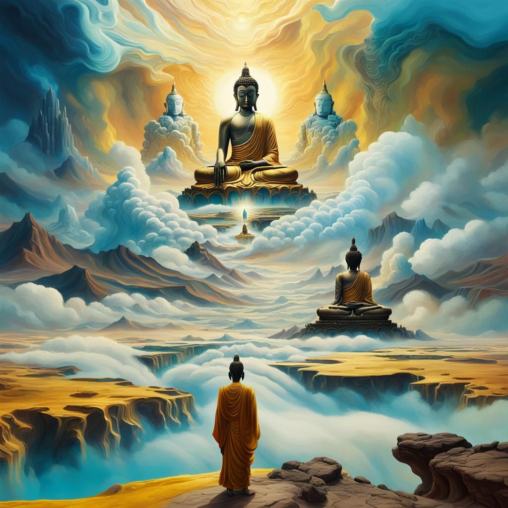 Buddha and Bodhisattva in Surreal Landscape as Oil Painting