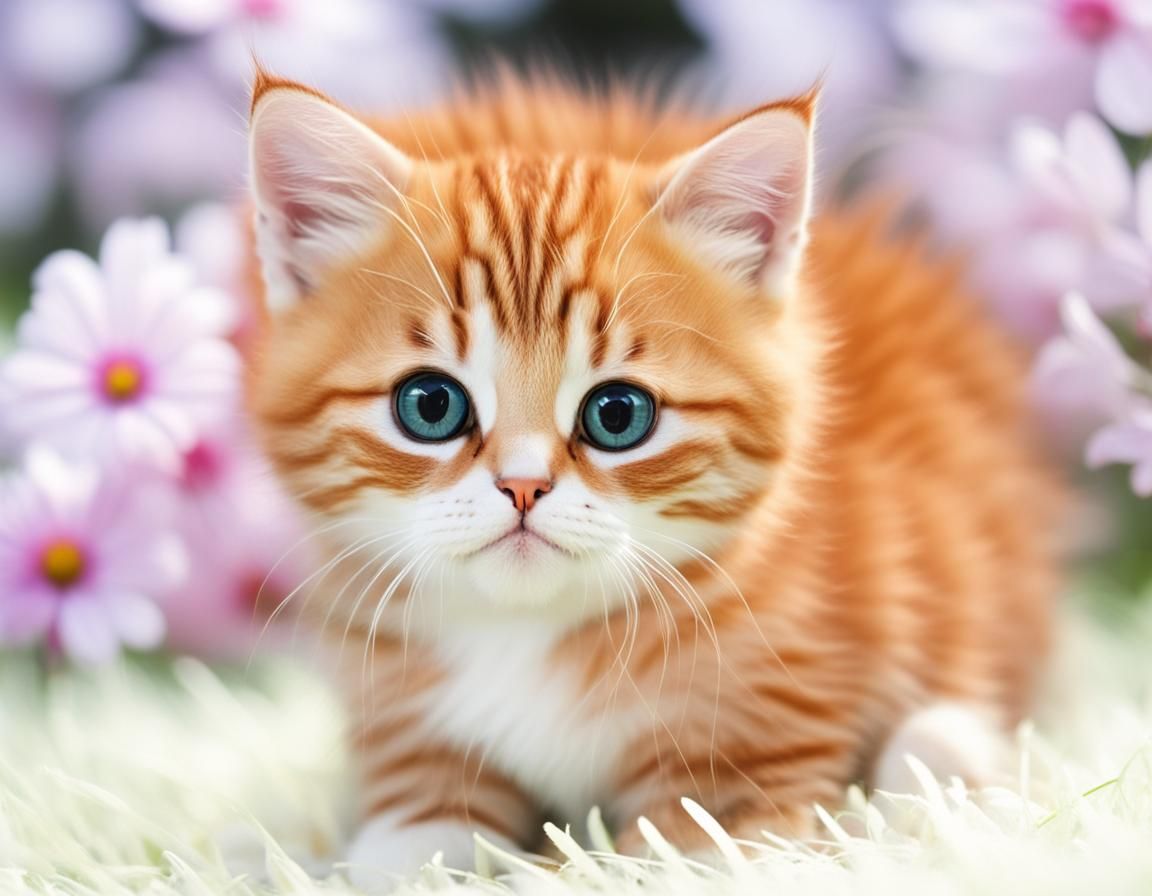 Two supercute little kiten sitting on the grass  with flower...