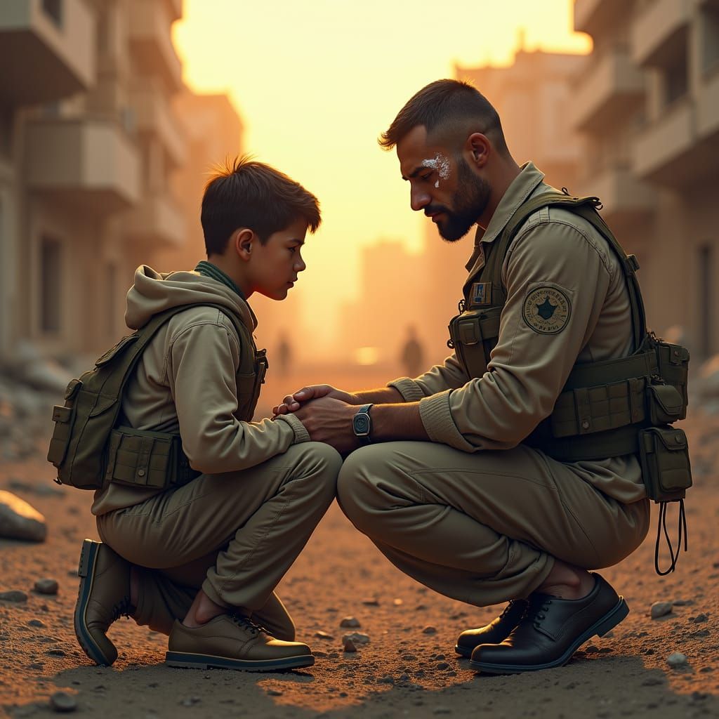 Wounded Soldier and Son in War-Torn Cityscape