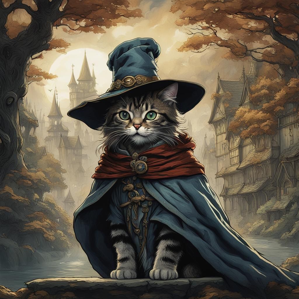 Style of Arthur Rackham, a cat wearing a cloak and hat - AI Generated ...